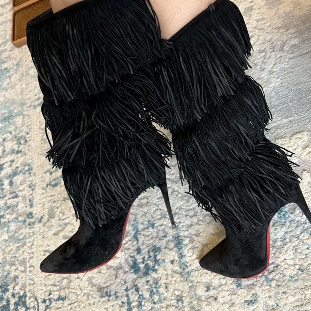 Christian Louboutin Black Fringe Heeled Boots